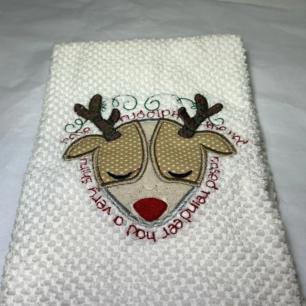 Personalized Embroidered Reindeer Christmas kitchen‎ towel Holiday Rudolph Dish